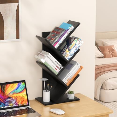 SHEEPAM Small Tree Book Shelf,5 Tier Bookshelf, Wood Desktop Bookcase