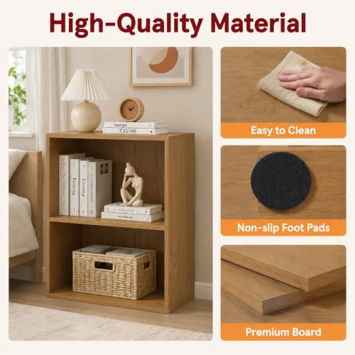 POWERSTONE 2 Tier Bookshelf, Cube Open Bookcase, 2PCS Natural