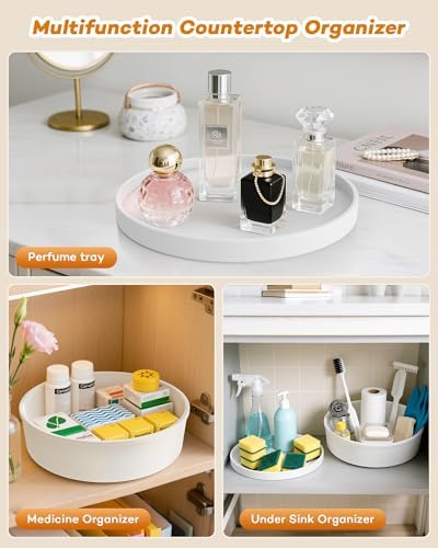 Vanity Tray for Bathroom, 10 Inch and 9.1 Inch Round Perfume Tray, Plastic Bathroom Counter Organizer, Yellow Bathroom D