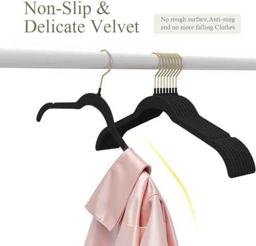 Korpai 30 Pack Black Velvet Shirt Hangers,Felt Hangers Non Slip,Heavy-Duty,Space Saving,Slim Velvet Hangers with Gold 360°Swivel Hook for Coats,Strappy Dresses,Shirts Sweater ect