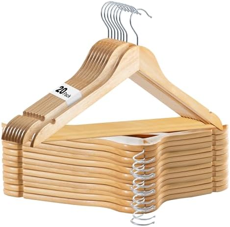 LUX Decor 20 Pack Wooden Non-Slip Coat & Suit Hangers with 360 Swivel Hook, Smooth Finish, Heavy Duty Natural Color Clothes Hangers for Jacket, Shirt, Pants