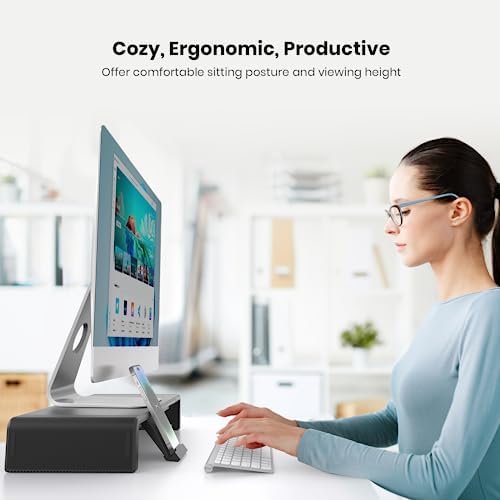 Klearlook Computer Monitor Stand for Desk, Adjustable Foldable Monitor Riser with Storage Drawer & Tablet Phone Holder f