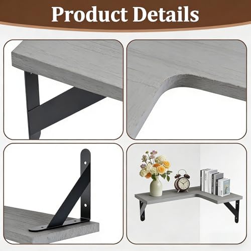 Corner Floating Shelves Set of 5, Rustic Wood Shelves, Grey