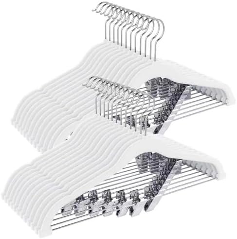 Korpai 24-Pack White Velvet Hangers with Clips Adjustable,Outfit Hangers,Heavy-Duty,Non-Slip,Space Saving, Felt Hanger for Pants, Skirts, Suits,Coats, Dresses ect.
