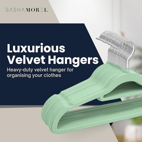 Velvet Hangers 20 Pack - Non-Slip Clothes Hangers with 360° Swivel Hook & Tie Organisers, Slim, Space-Saving Closet Hangers for Coats, Suits & Dresses - Wardrobe Organiser (Mint Green)
