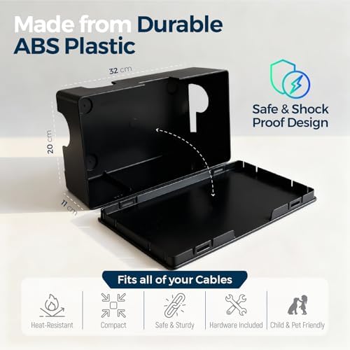 Cable Management Box ABS 12.6x7.9x4.5in, Black, Mounting Kit Included