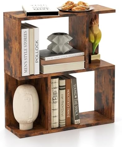 Tangkula 3 Tier Geometric Bookshelf, S Shaped Open Bookcase with Storage, Home Office Decor, Freestanding Wood Display S
