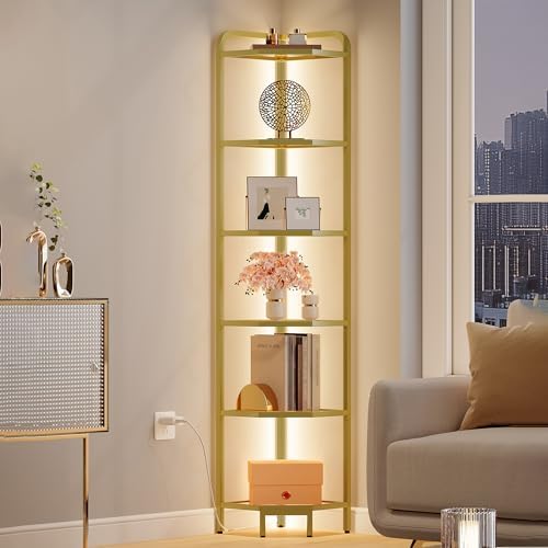 Hzuaneri Corner Shelf with LED Lighting, 6-Tier Glass Bookshelf