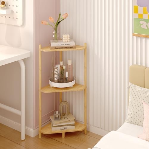 Wisuce Natural Small Corner Shelf Stand, 3-Tier Bamboo Corner Bookshelf
