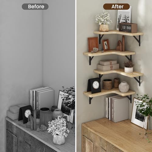 Venusmiles Corner Floating Shelves Set of 4, Wall Mounted L-Shaped Storage - Maximize Unused Corner Space in Bathroom, K