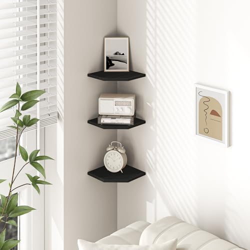 Fun Memories Corner Shelf Wall Mount, Floating Corner Shelves, Set of 3 Corner Wall Shelf Organizer, Rustic Wood Wall St