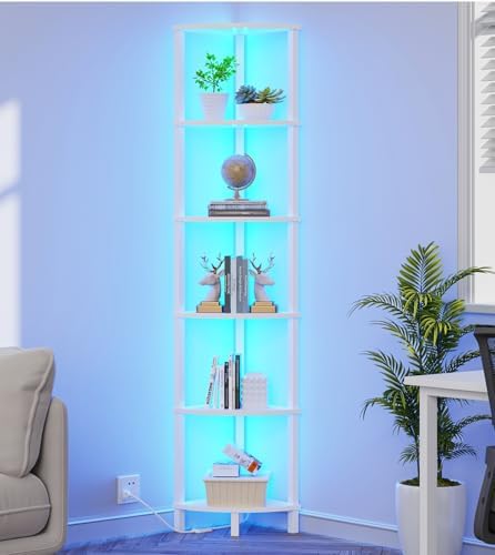 VIMBER Corners Shelf with LED Light, 6-Tier Corner Bookshelf, Industrial Corner-Ladder Shelf, Modern Display Shelf for L