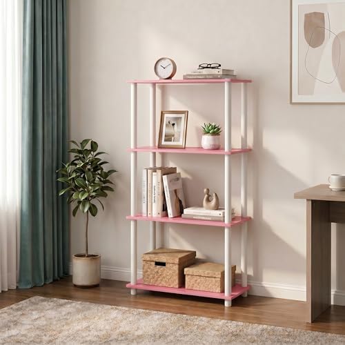 Furinno Turn-N-Tube Toolless Assembly Storage Shelves, 4-Tier Soft Pink Book Shelf, Open Storage Bookshelf, for Organiza