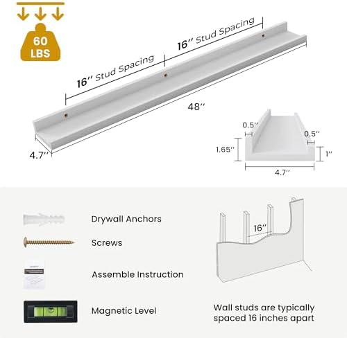Acovy Solid Ash Wood Picture Ledge Shelf, 48 Inch, White, Set of 2