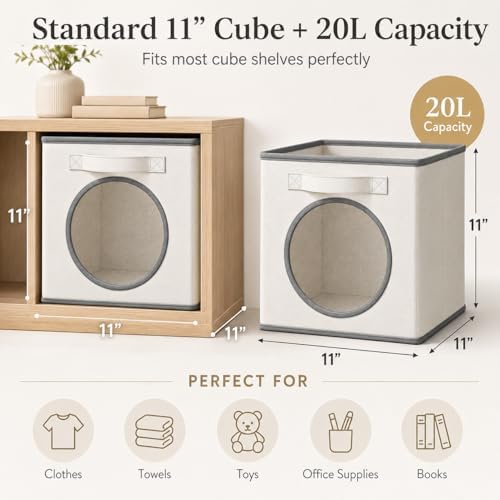 Fabric Storage Cubes with Mesh Window, 11'' Cube Storage Bin, Ivory, 4 Pack