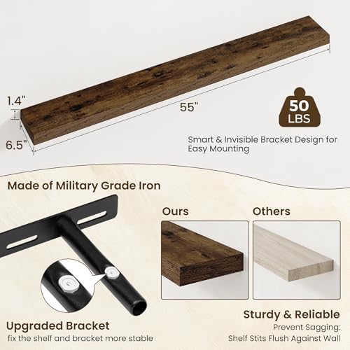 Axeman 55Inch Floating Shelves for Wall, 2 Packs, Invisible Brackets, Brown
