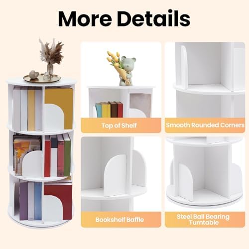 3-Tier Rotating Bookshelf,360° Spinning Corner Bookcase,Floor Standing Revolving Bookcase Storage Rack Narrow Book Shelf