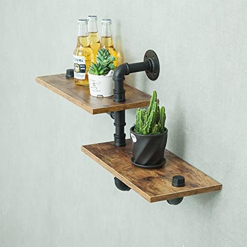 2 Tier Industrial Shelves, Industrial Pipe Shelving, Pipe Corner Shelves with Wood Planks, Floating Shelves Wall Mounted