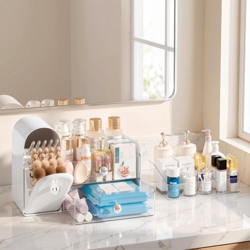 Delamu Large Makeup Organizer for Vanity, Closed Makeup Brush Holder, White