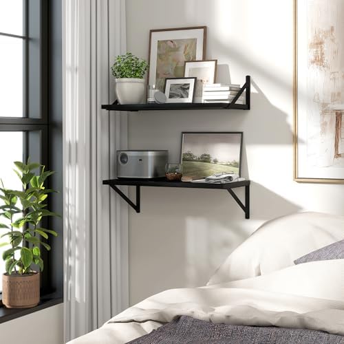 Marsmiles Deep Floating Shelves, 24'' x 12'' Black Wood Shelves Set of 2