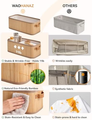 Narrow Storage Bins, Small Basket for Closet and Shelves, Bamboo Toilet Paper Storage Organizer with Handles for Counter