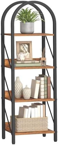 HOOBRO Bookshelf, 4-Tier Arched Bookshelf, Industrial Bookcase with Metal Frame, Small Book Shelf Storage Organizer for 