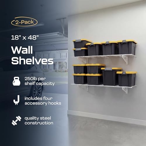 MonsterRax 18x48 White Garage Wall Shelf 2-Pack, 500lb, Hammertone
