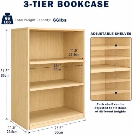 CTESNE【2026 Adjustable Shelves 3-Tier Bookcase, 71 inches, Wooden Open Display Floor Bookshelf (Oak Color)