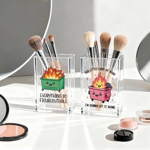 Dumpster Fire Funny Acrylic Pencil Pen Holder Cup Set 2, Cute Pencil Holder Desk Organizer, Dumpster Fire Desk Accessories, Mental Health Gifts for Women Men Teachers Colleagues Students