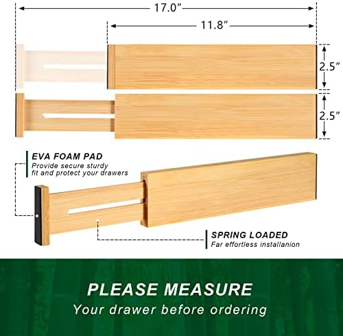 4 Pack Bamboo Drawer Dividers 2.6" High, Adjustable from 12 Inch to 17 Inch
