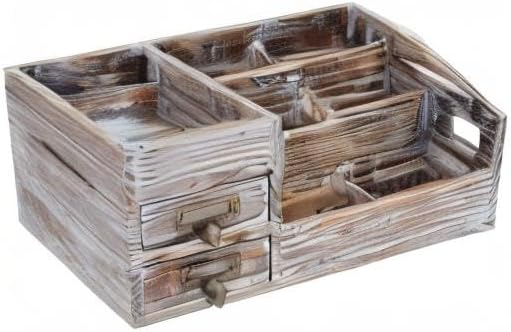 Liry Products Rustic Torched Wooden Desktop Organizer Dark Brown Tabletop Storage Cabinet Stepped Rack Multiple Compartments 2 Tier Drawers Makeup Accessory Sorter Display Box Home Office Supplies