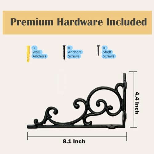 Heavy Duty 8.1"x4.4" Vintage Brackets for Floating Shelves & Kitchen Storage, 8 inch Cast Iron Shelf Brackets - Industri