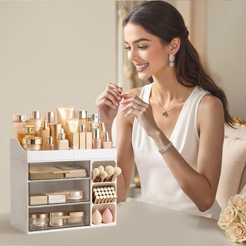 HBlife Makeup Organizer Countertop with Brush Holder, Large Bathroom Counter Organizer with Drawers, Skincare Organizers