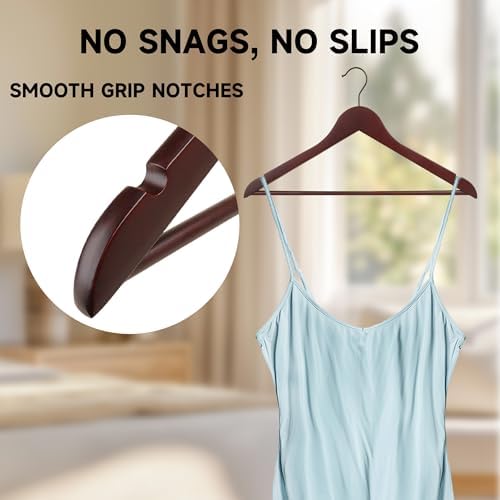 Wooden Clothes Hangers with Pants Bars, Mahogany, 24-Pack