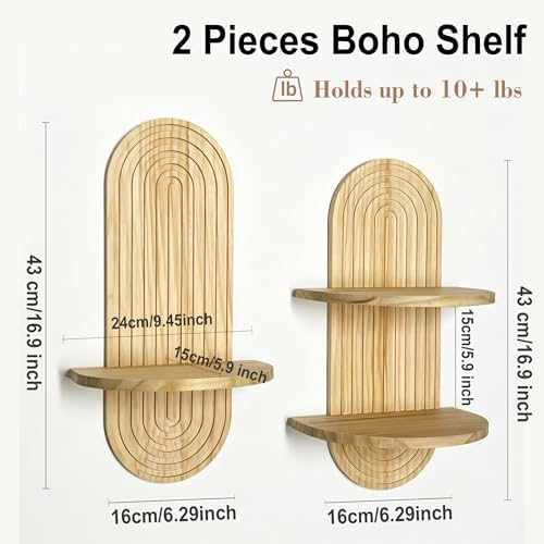 Boho Wall Shelf Set of 2, Wooden Arched wall Shelves for Plants & Decor