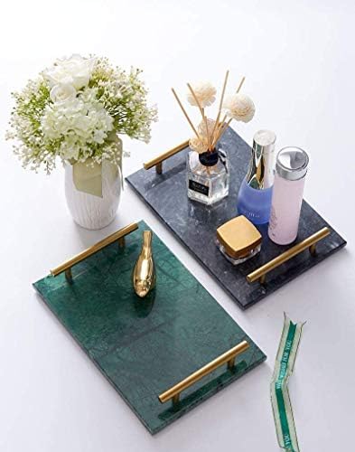 Marble Decorative Tray with Vintage Brass Metal Handles, Rectangle Luxury Bathroom Vanity Tray, Night Stand Perfume Hold