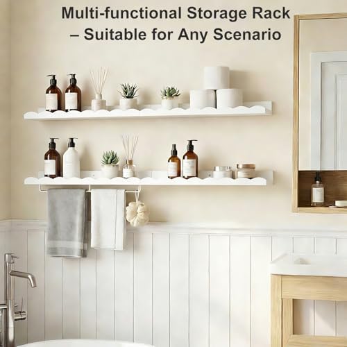 Fixwal Nursery Shelves, 24 Inch Floating Bookshelves for Wall Set of 4, Scalloped Wall Book Shelves with Towel Rack for 