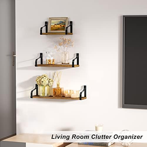 Love-KANKEI Floating Wall Shelves,Solid Wood/Bracket,Set of 3,Light Walnut
