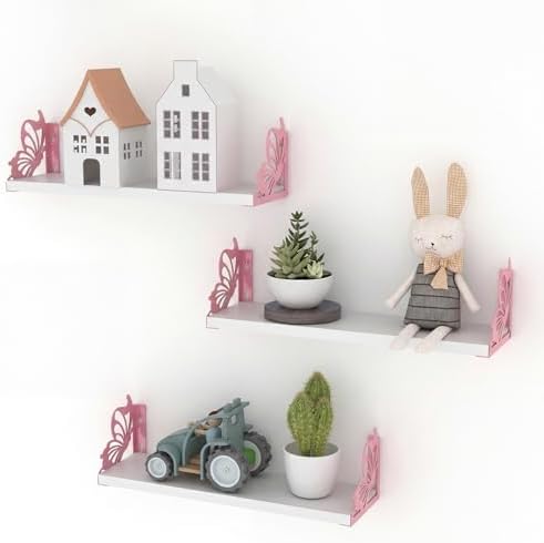 Hoikwo 3 Pack White Pink Butterfly Wall Shelves
