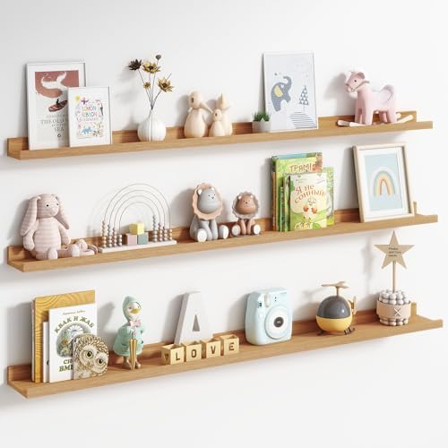 Axeman Picture Ledge Shelf, 55 Inch Oak Floating Shelves Set of 3