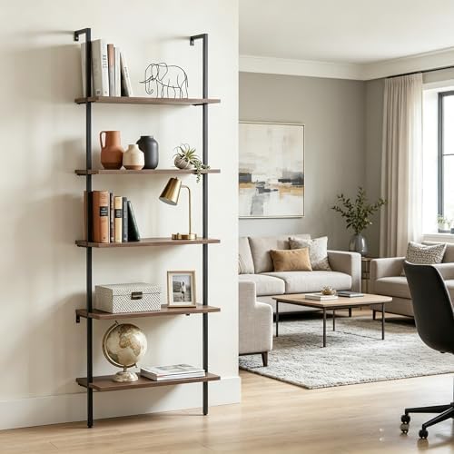 Wolawu 5 Tiers Ladder Shelf 2-Piece Black Modern Tall Bookshelf Open Large Tall Wall Mount Storage Bookcase Standing Lea