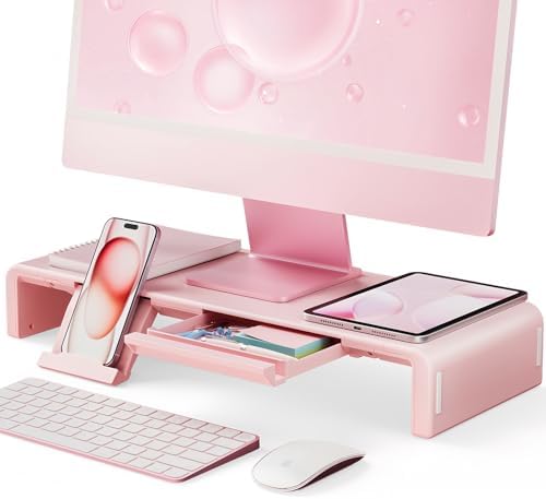 Pink Monitor Stand Riser, Klearlook Foldable, Height Adjustable Computer Stand, Desk Shelf Riser with Storage Drawer &Ta