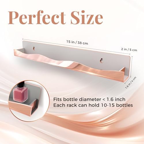 Wall-Mounted Nail Polish Organizer Rack - 15-Inch Rose Gold Mirror Finish Nail Polish Shelf, Makeup & Beauty Essentials 