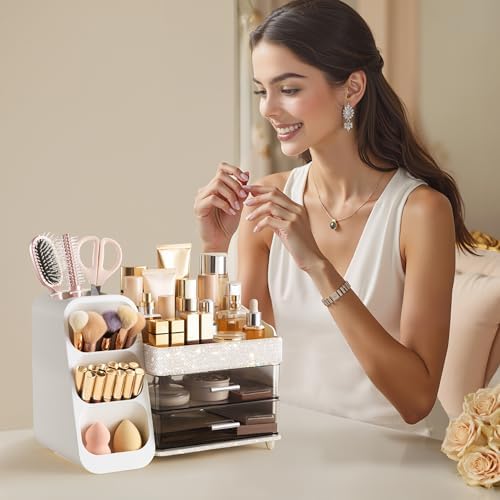 HBlife Makeup Organizer with Brush Holder for Vanity, Large Plastic Bathroom Countertop Organizer Skin Care Storage, Eas