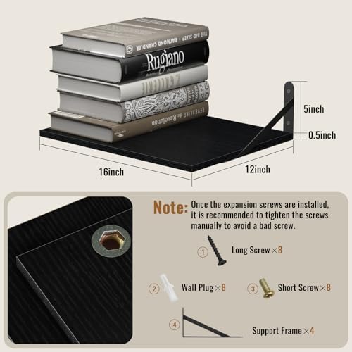 Black Deep Floating Shelves for Wall, 16" W x 12" D Wood Shelf Set of 2, Bookshelf Wall Mounted Hanging Shelves for Livi