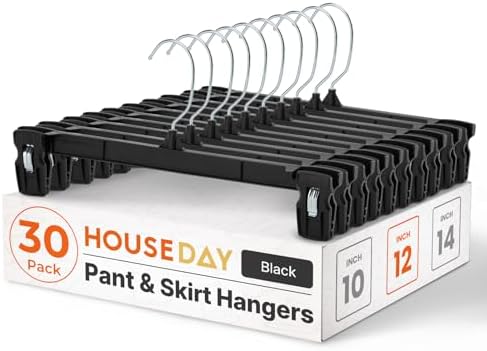 HOUSE DAY Black Pants Hangers with Clips 30 Pack, 12 Inch Skirt Hangers