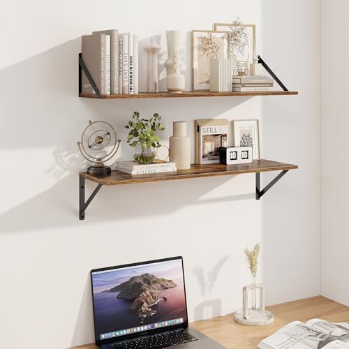 Heimlove Deep Floating Shelves for Wall, 30W x 8D Wood Wall Shelves Set of 2, Wide Floating Bookshelf for Living Room, K