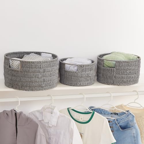 Vagusicc Wicker Storage Basket, Hand-Woven Paper Rope Large Round Woven Basket With Handles, Wicker Baskets for Organizing/Storage, Grey, 3-Pack