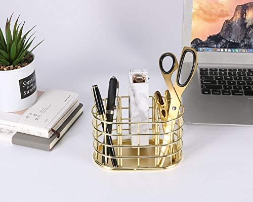 Pen Holder, 3 Compartment Metal Pencil Holder Stationery Organizer, Decorative Desktop Storage Holder for Office Supplies, Gold