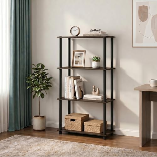 Furinno Turn-N-Tube Toolless Assembly Storage Shelves, 4-Tier Rustic Brown Book Shelf, Open Storage Bookshelf, for Organ